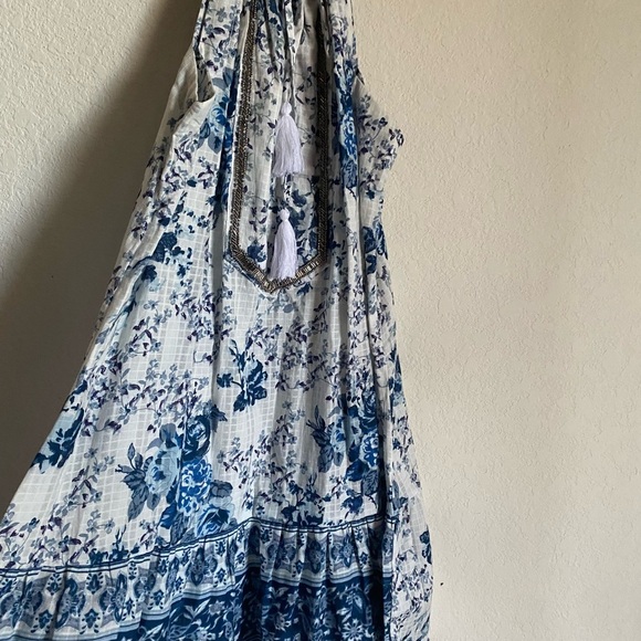 MIRA PIERINA FLORAL SILVER EMBROIDERY TASSEL TIE SHORT BOHO BEACH DRESS SIZE M - Picture 8 of 13